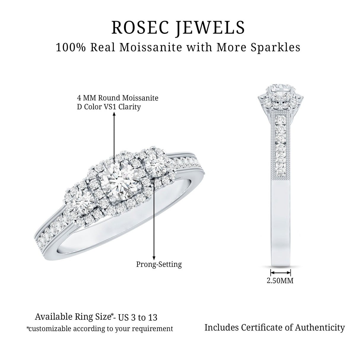 Vintage Style Moissanite 3 Stone Engagement Ring
