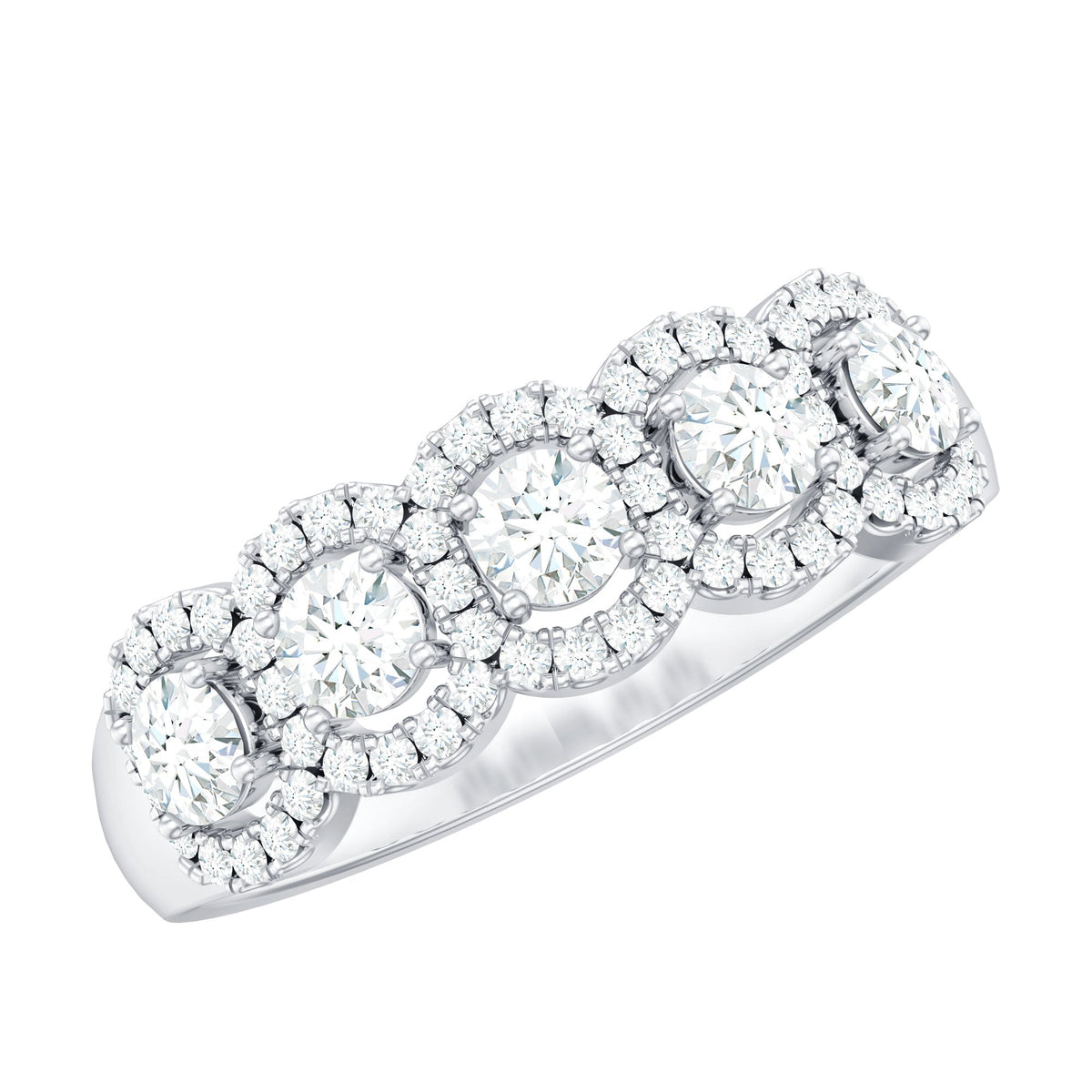 Round Cut Moissanite 5 Stone Anniversary Ring with Halo