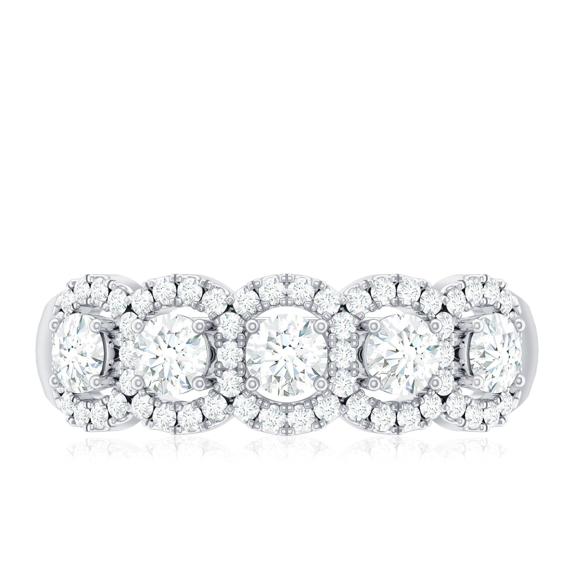 Round Cut Moissanite 5 Stone Anniversary Ring with Halo