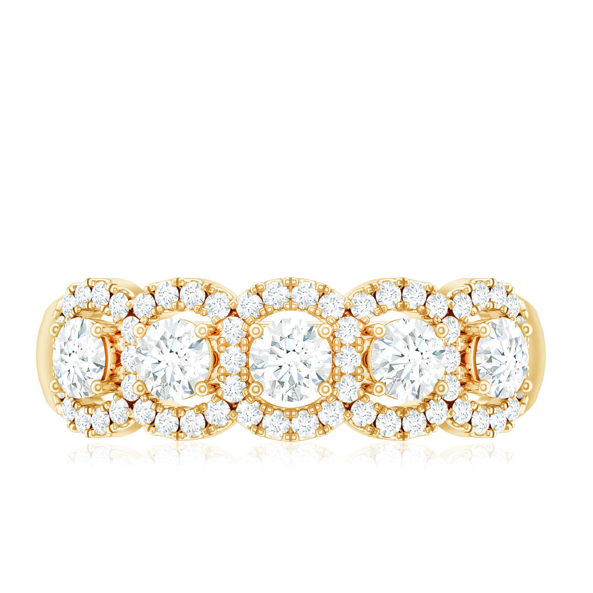 Round Cut Moissanite 5 Stone Anniversary Ring with Halo