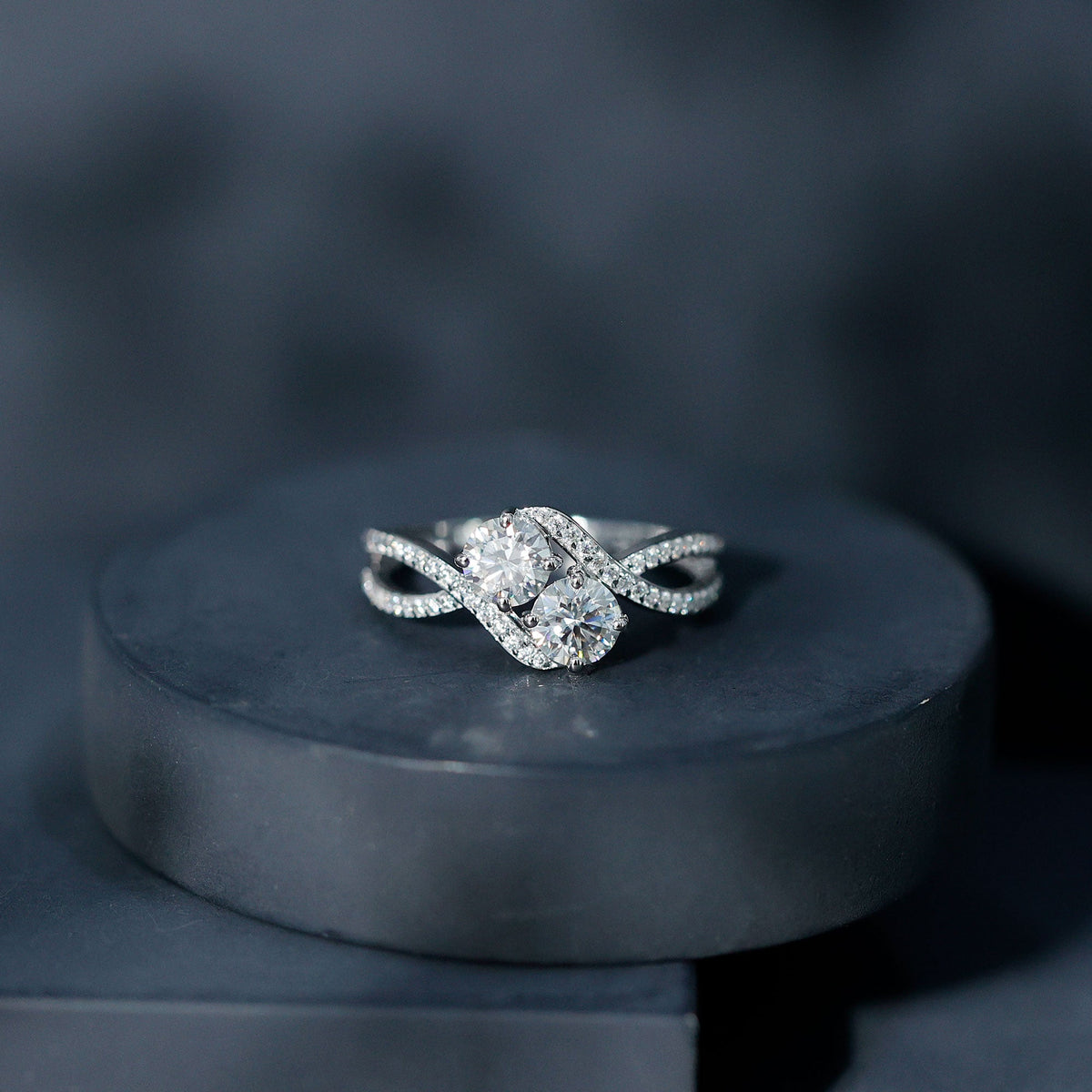 Certified Moissanite Two Stone Engagement Ring in Bypass Band