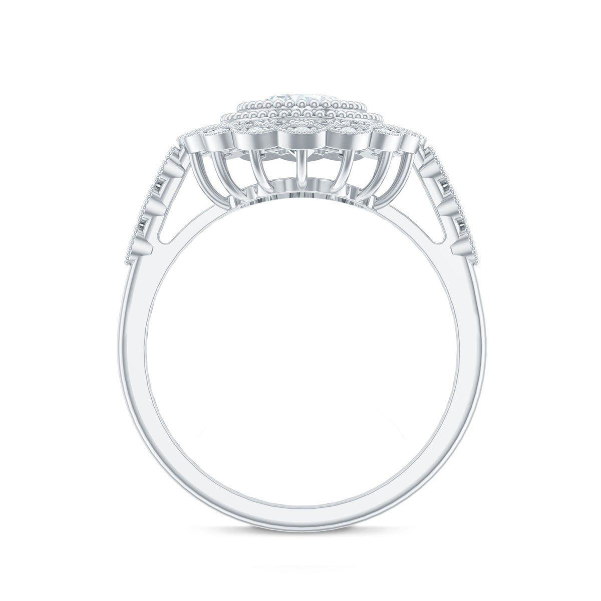 Oval Moissanite Retro Engagement Ring in Beaded Bezel Setting