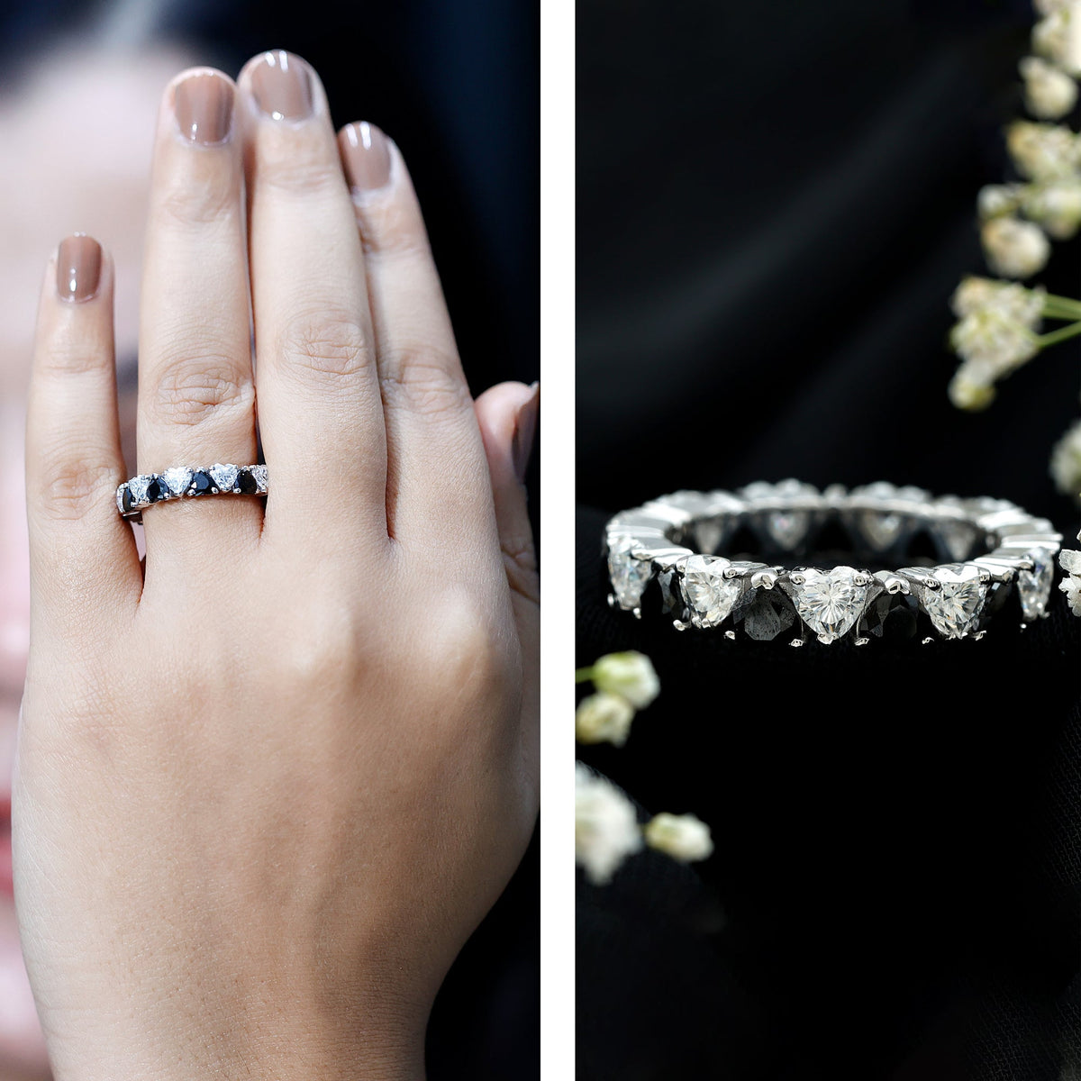 Heart Shape Lab Grown Black Diamond Eternity Band With Moissanite