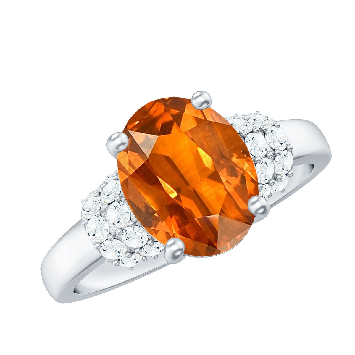 4 Carat Oval Lab Grown Orange Sapphire Engagement Ring with Diamond Side Stones