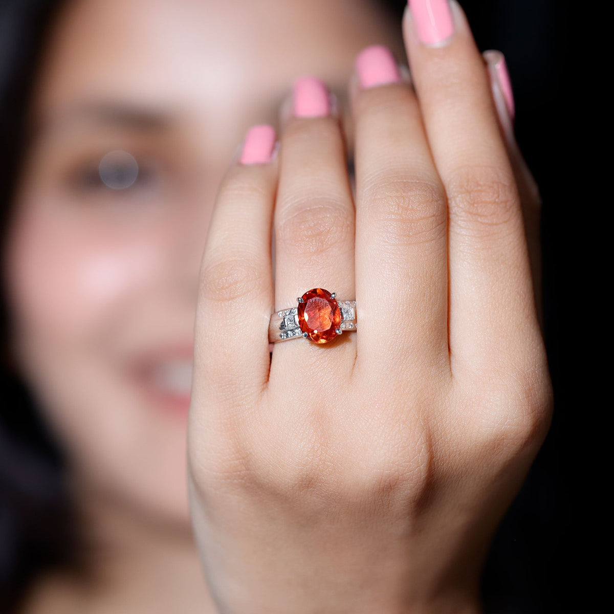 4 Carat Oval Lab Grown Orange Sapphire Statement Engagement Ring with Diamond
