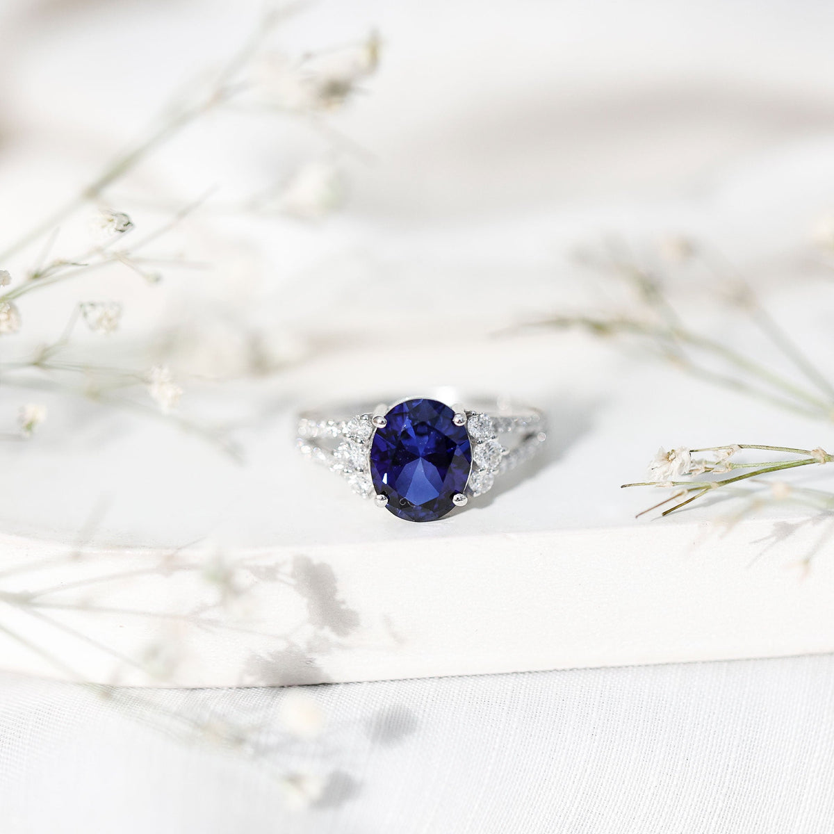 Certified 4 Carat Lab Grown Blue Sapphire Oval Engagement Ring with Diamond Split Shank