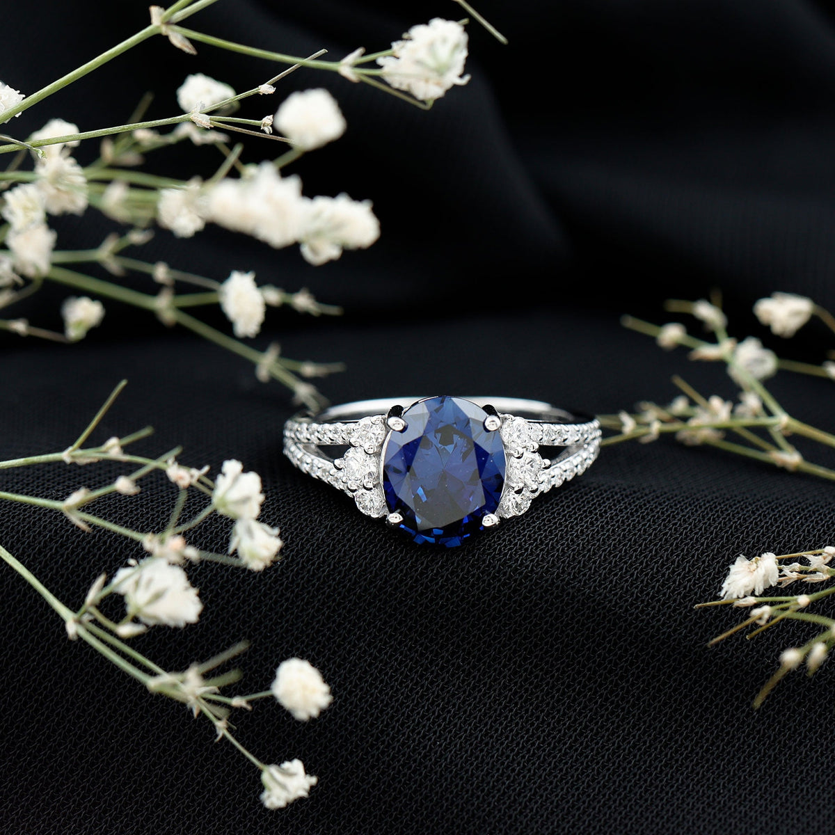 Certified 4 Carat Lab Grown Blue Sapphire Oval Engagement Ring with Diamond Split Shank