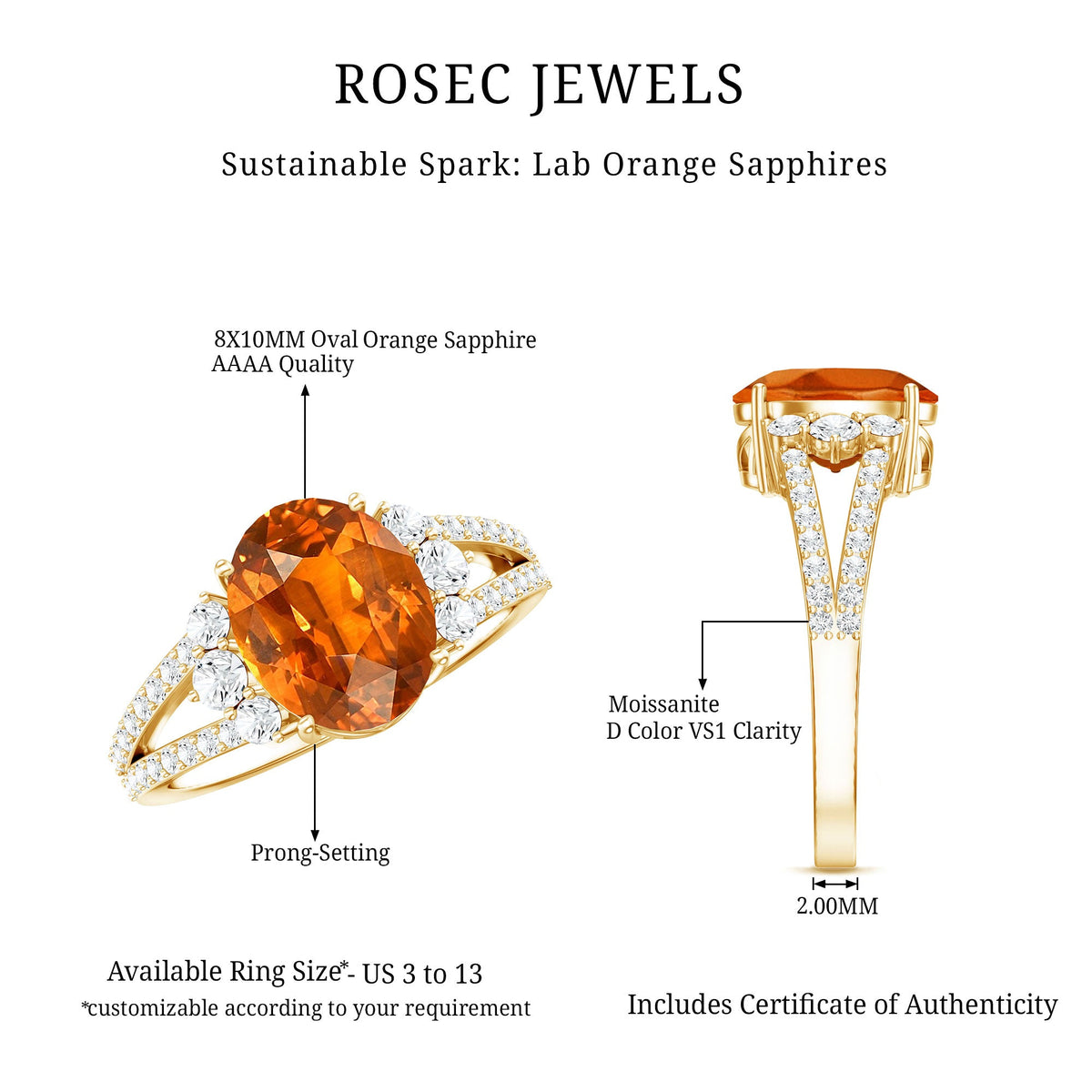 4 Carat Oval Lab Grown Orange Sapphire Engagement Ring with Diamond Split Shank