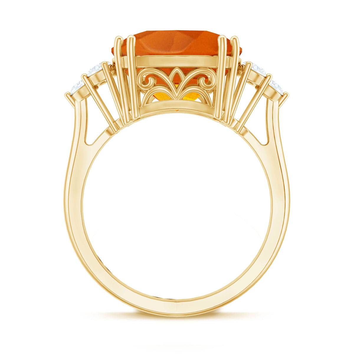 9 Carat Lab Grown Orange Sapphire Cushion Cut Engagement Ring with Diamond Trio