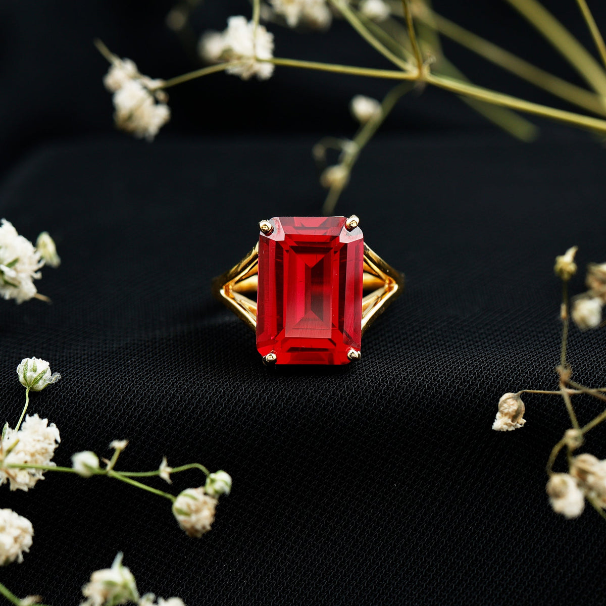 Lab Grown Ruby 5 Carat Emerald Cut Engagement Ring with Split Shank
