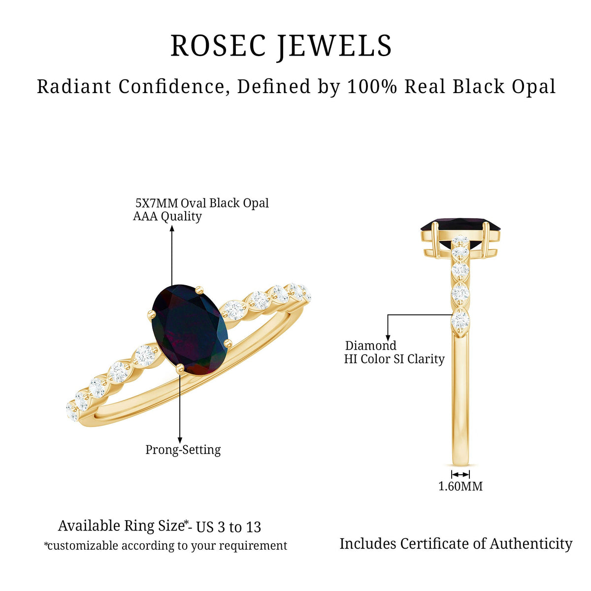 Oval Black Opal Solitaire Engagement Ring with Diamond