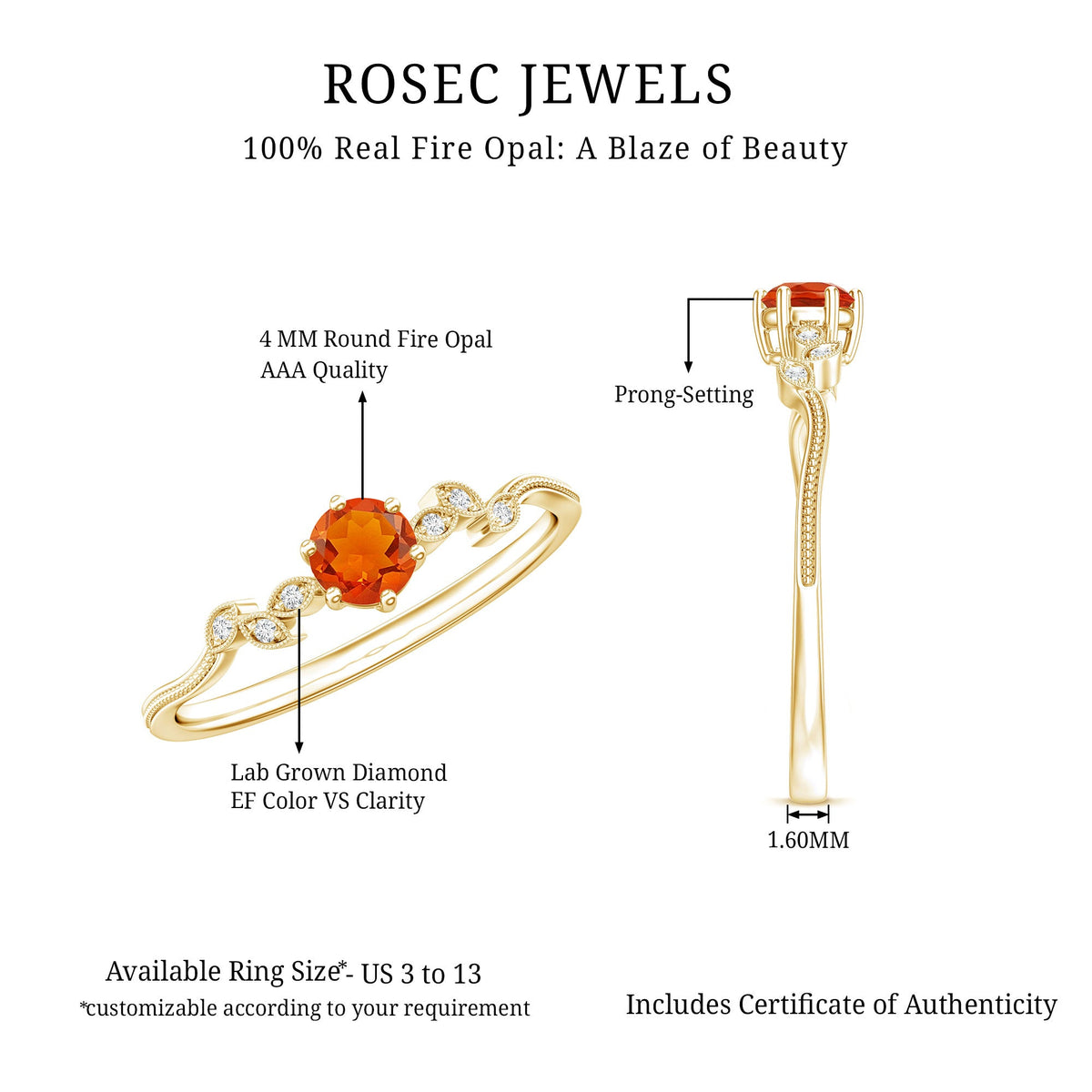 Minimalist Fire Opal and Diamond Promise Ring for Women
