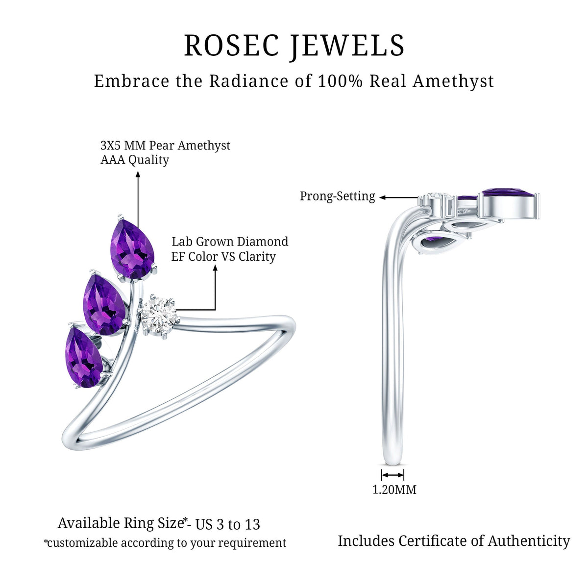 Real Pear Shaped Amethyst and Diamond Ring For Women