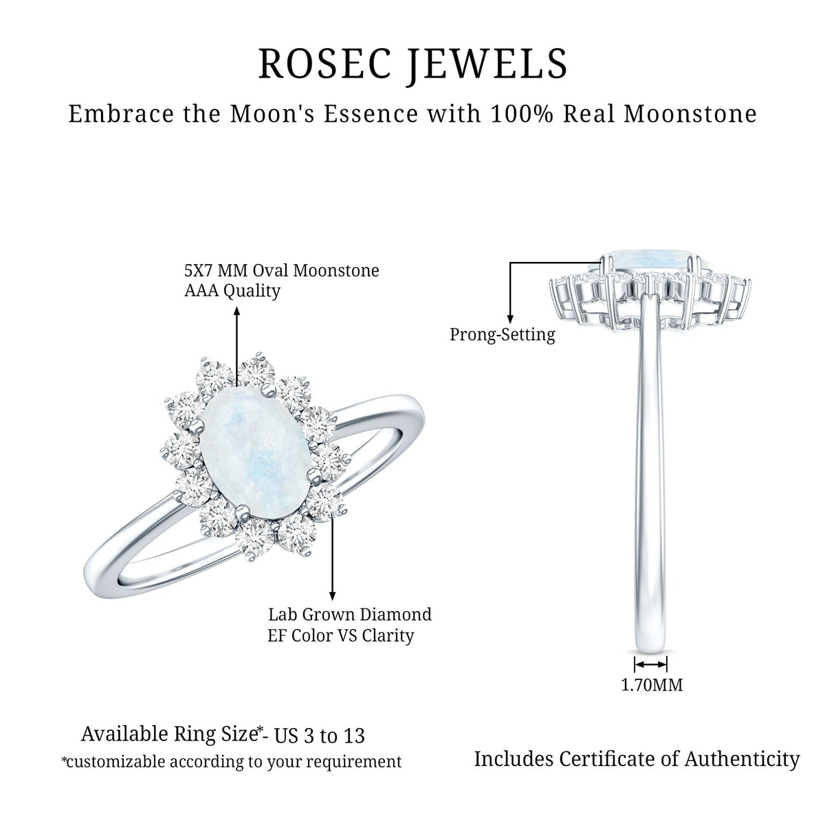 Natural 1 Carat Oval Cut Moonstone and Diamond Engagement Ring