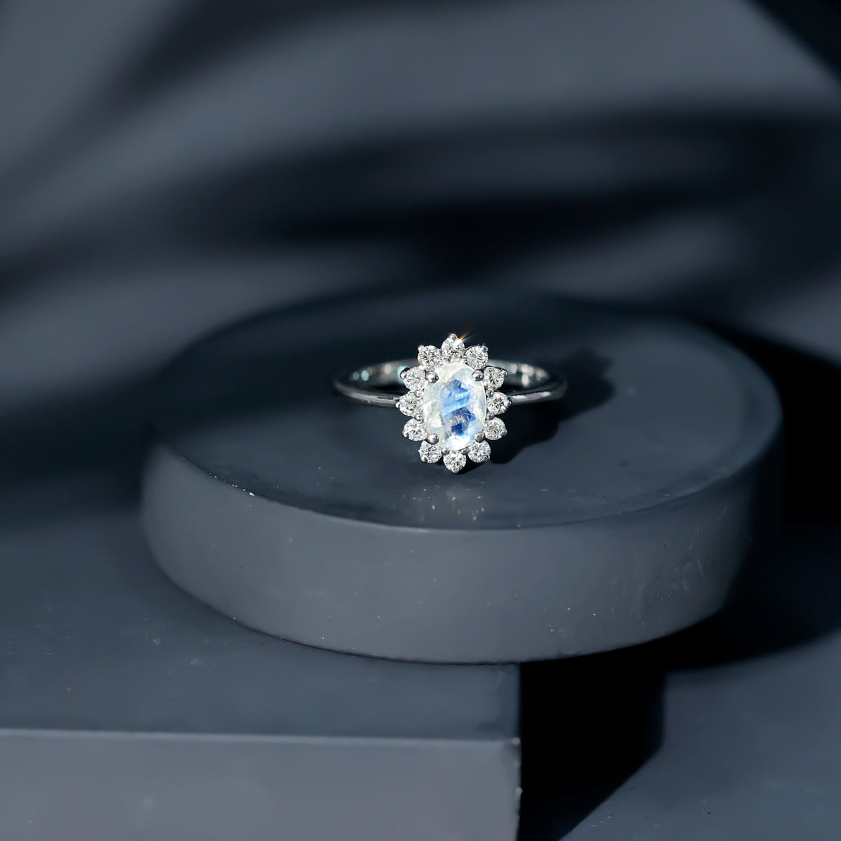 Natural 1 Carat Oval Cut Moonstone and Diamond Engagement Ring