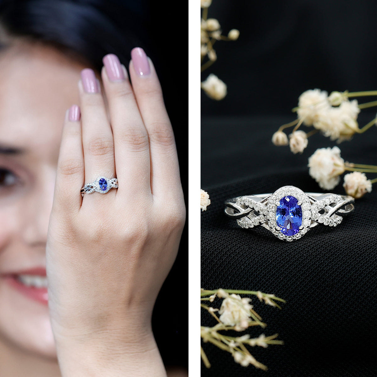 Real Tanzanite and Diamond Engagement Ring with Criss Cross Shank