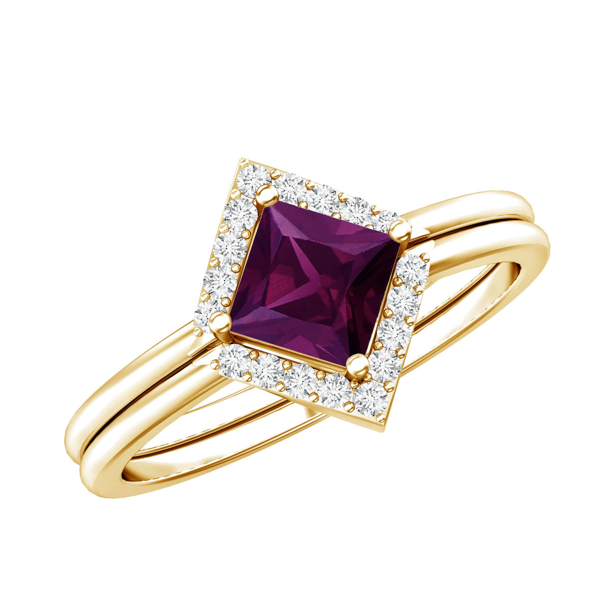 Rhodolite Garnet Princess Cut Engagement Ring with Diamond Enhancer