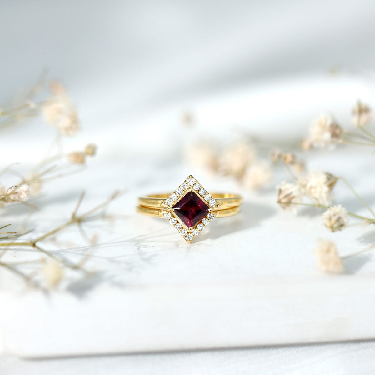 Rhodolite Garnet Princess Cut Engagement Ring with Diamond Enhancer