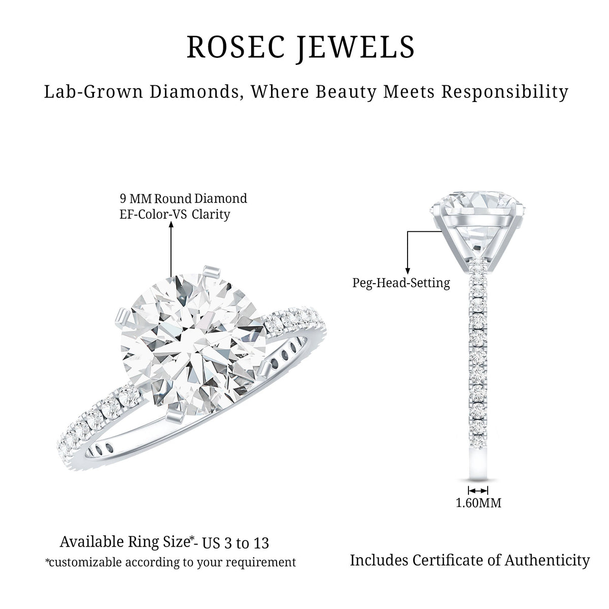 Certified 3 Carat Lab Grown Solitaire Diamond Engagement Ring