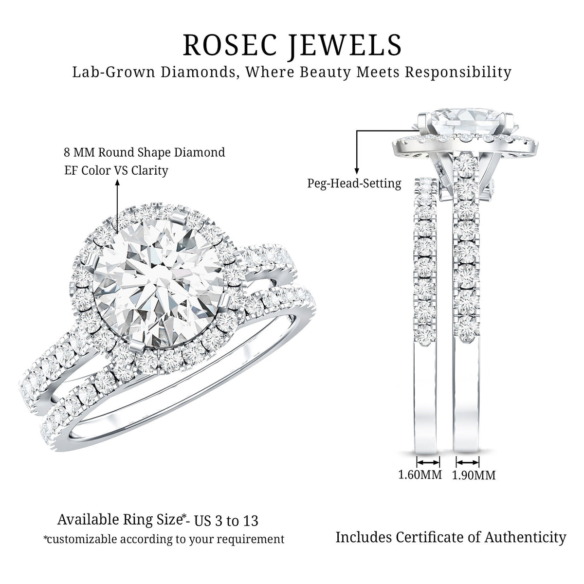 Certified Lab Grown Diamond Halo Ring With Wedding Band