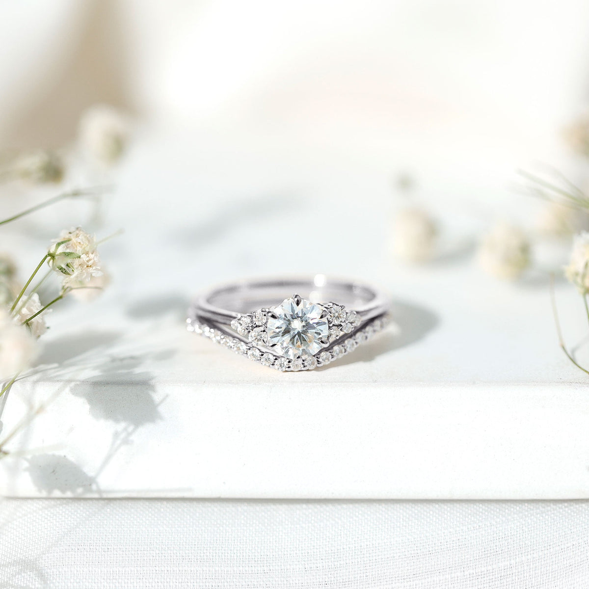 Certified Diamond Bridal Ring Set with Curved Band