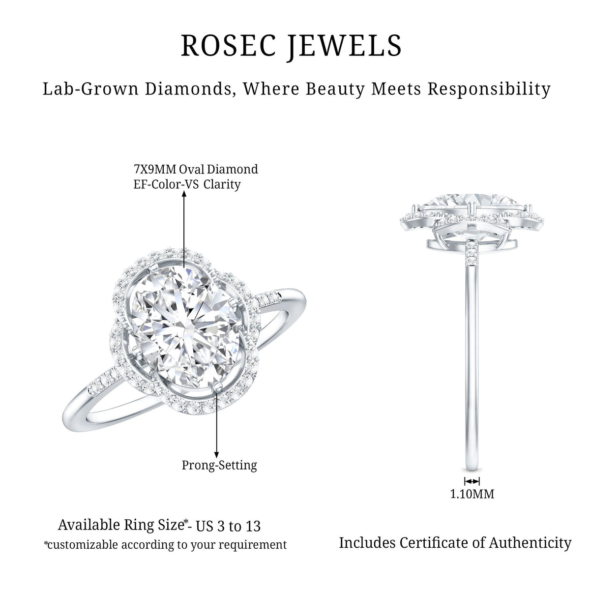 Brilliant Cut Oval Lab Grown Diamond Halo Engagement Ring
