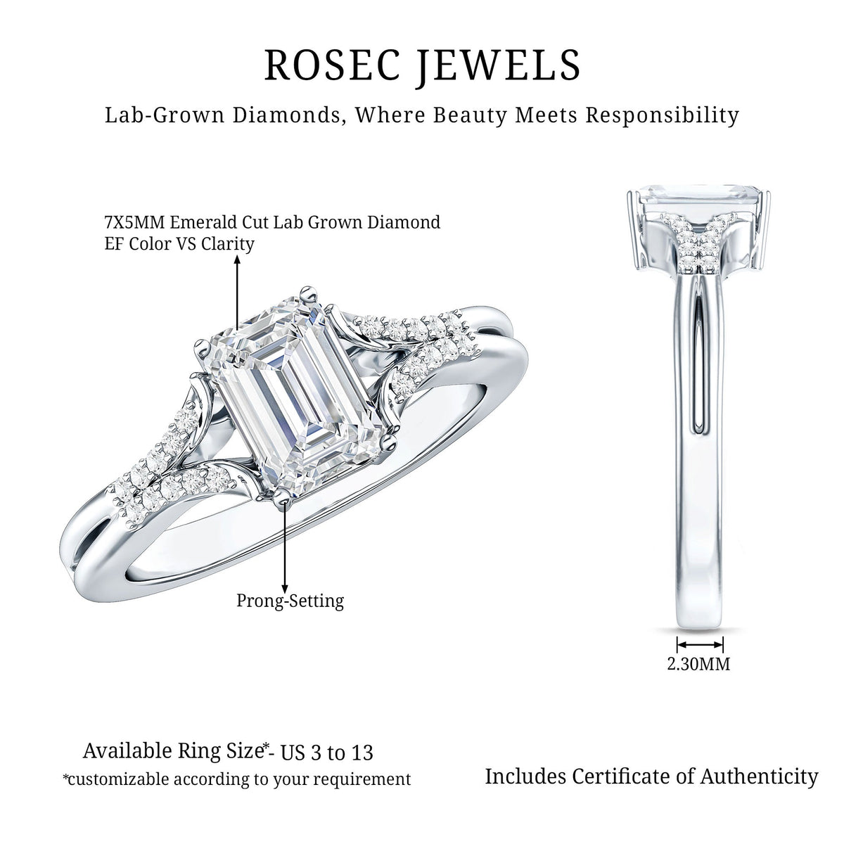 Emerald Cut Lab Diamond Engagement Ring With Split Shank Ring