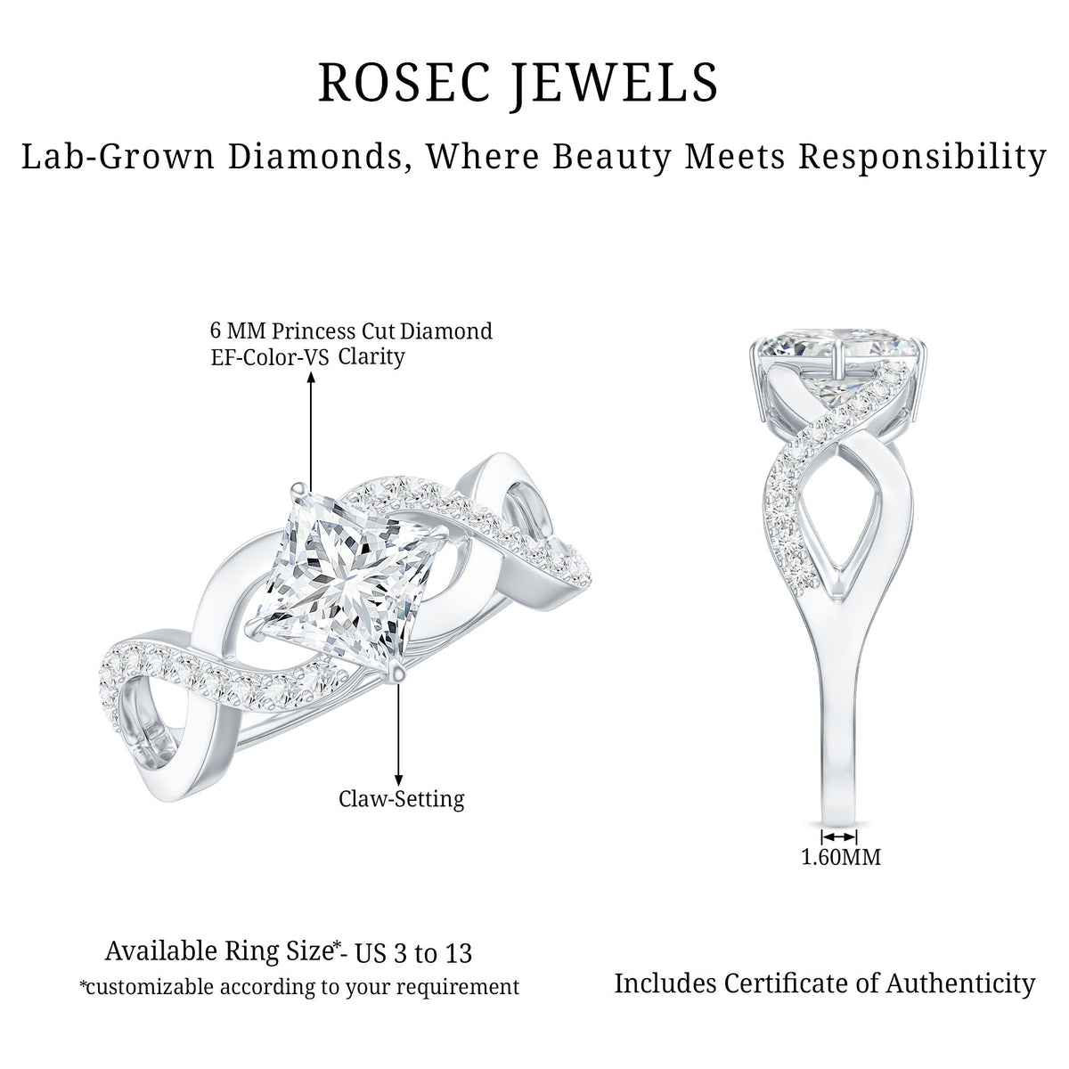 Lab Diamond Crossover Ring with Side Stones