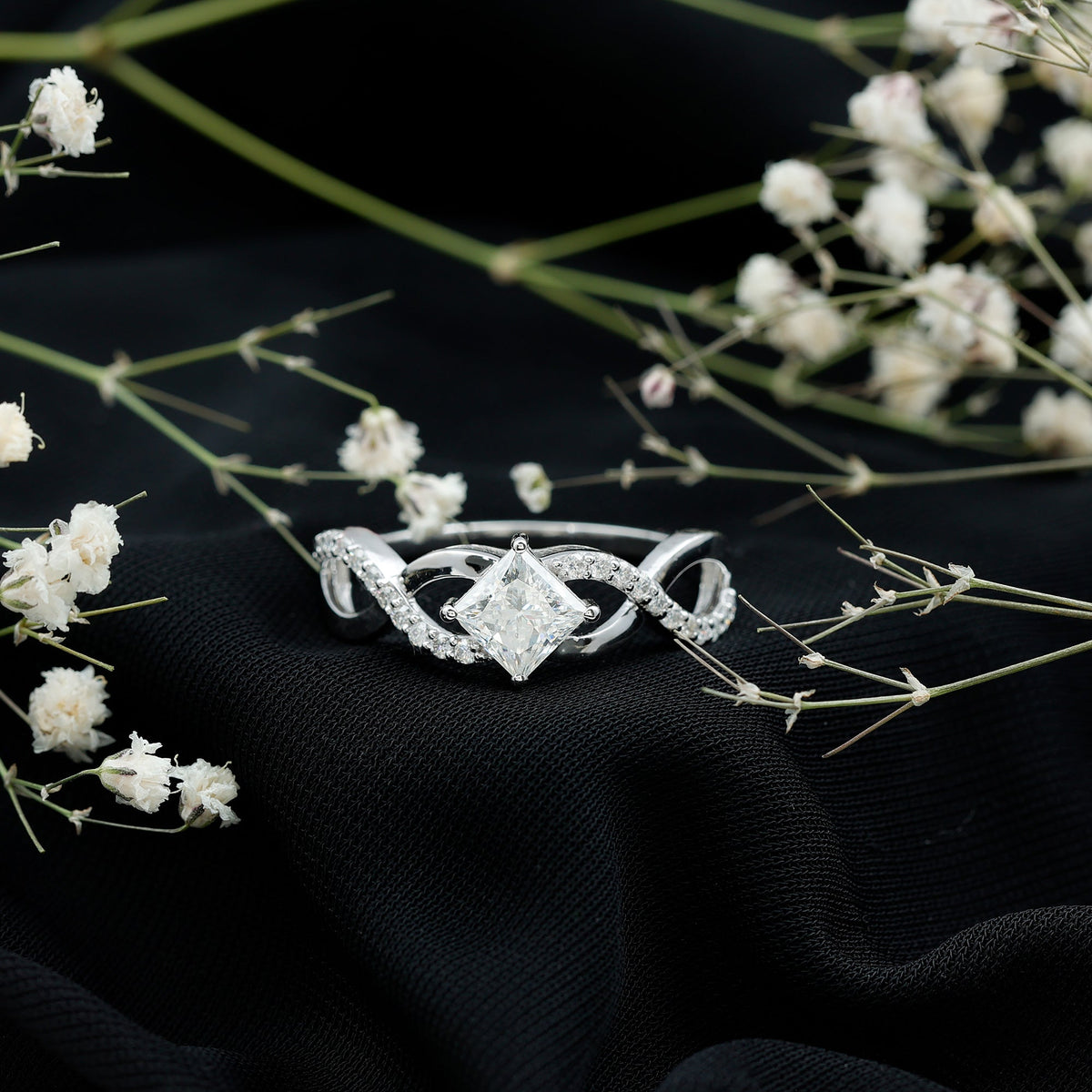 Lab Diamond Crossover Ring with Side Stones