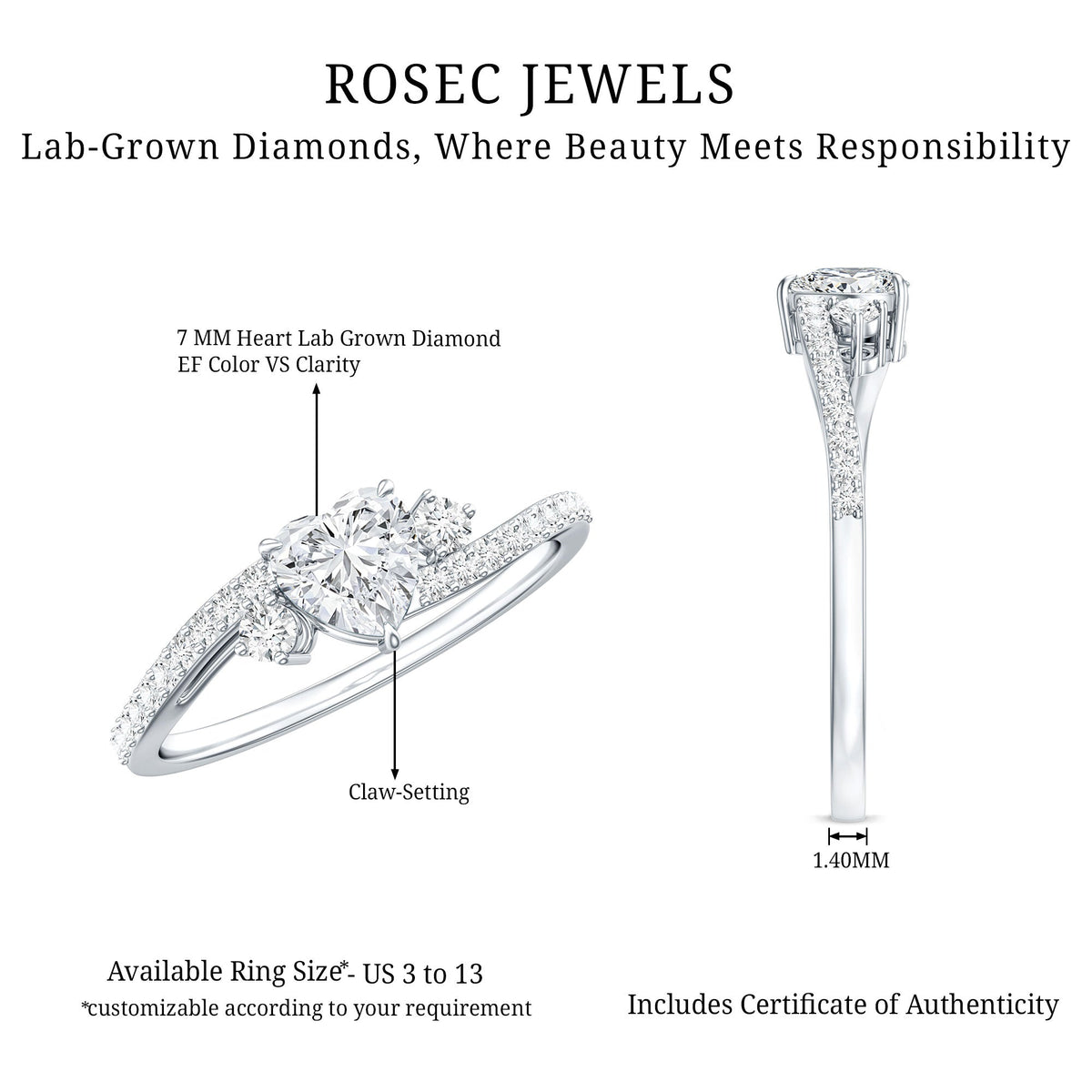 1.5 Carat Heart Shaped Lab Grown Diamond Engagement Rings With Bypass Shank