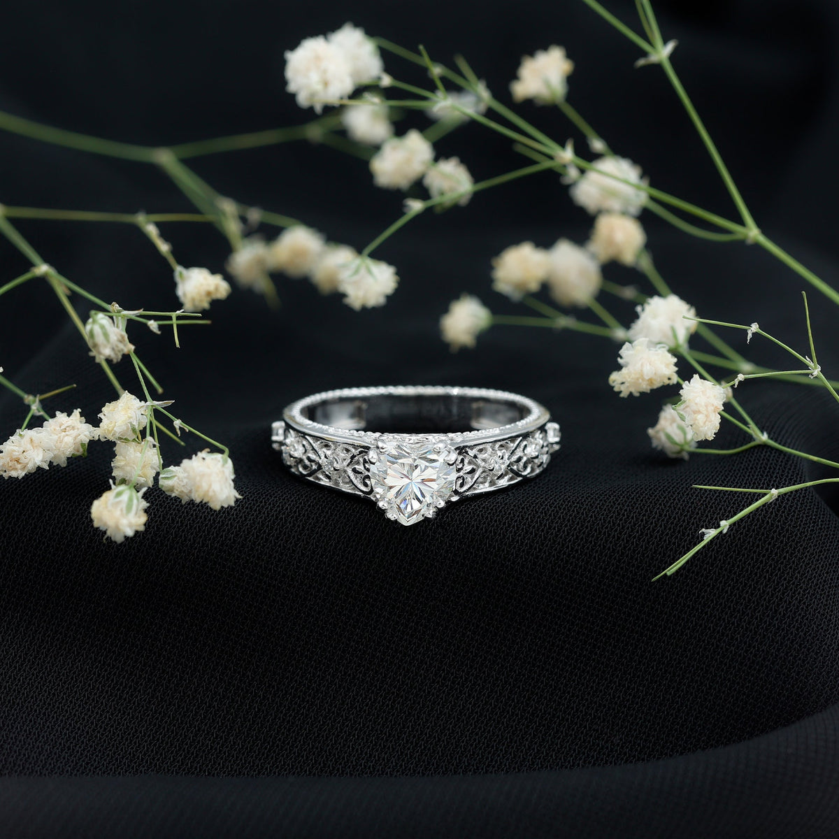 Certified 1 Carat Heart Lab Created Vintage Engagement Ring
