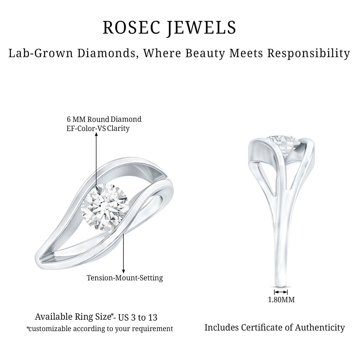 Certified 0.98 Carat Lab Created Diamond Round Engagement Ring in Tension Setting