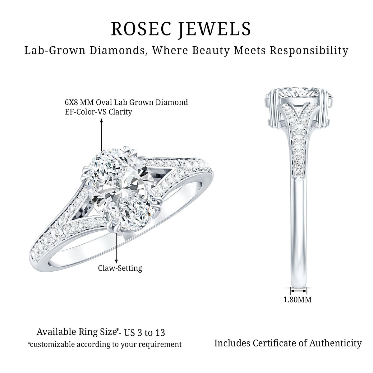 Oval Brilliant Cut Lab Diamond Engagement Ring with Split Shank