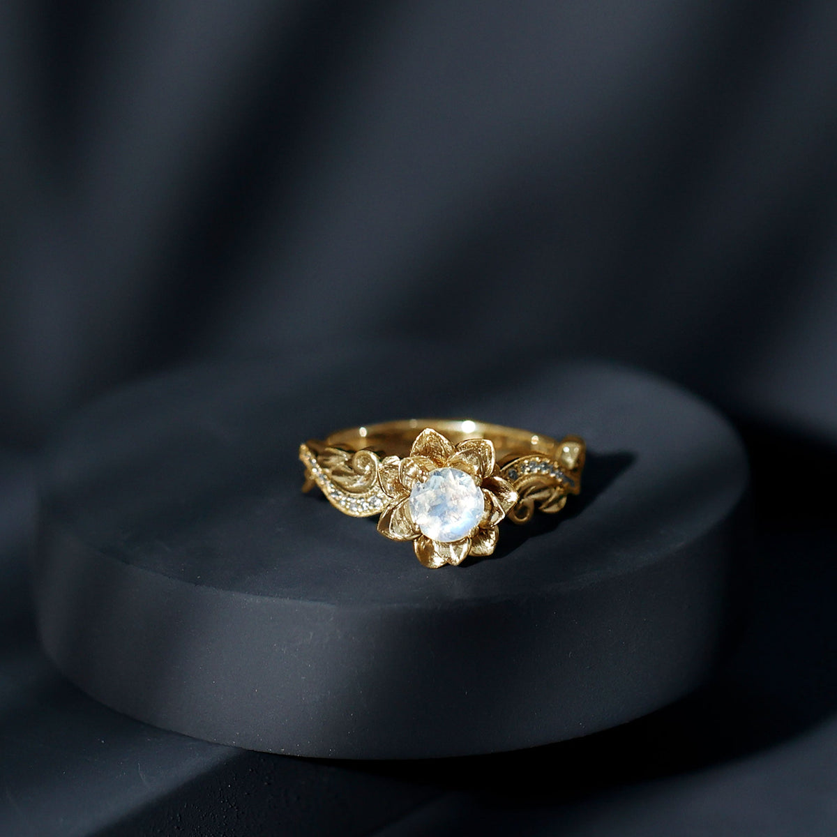 Genuine Moonstone and Diamond Blooming Engagement Ring in Silver