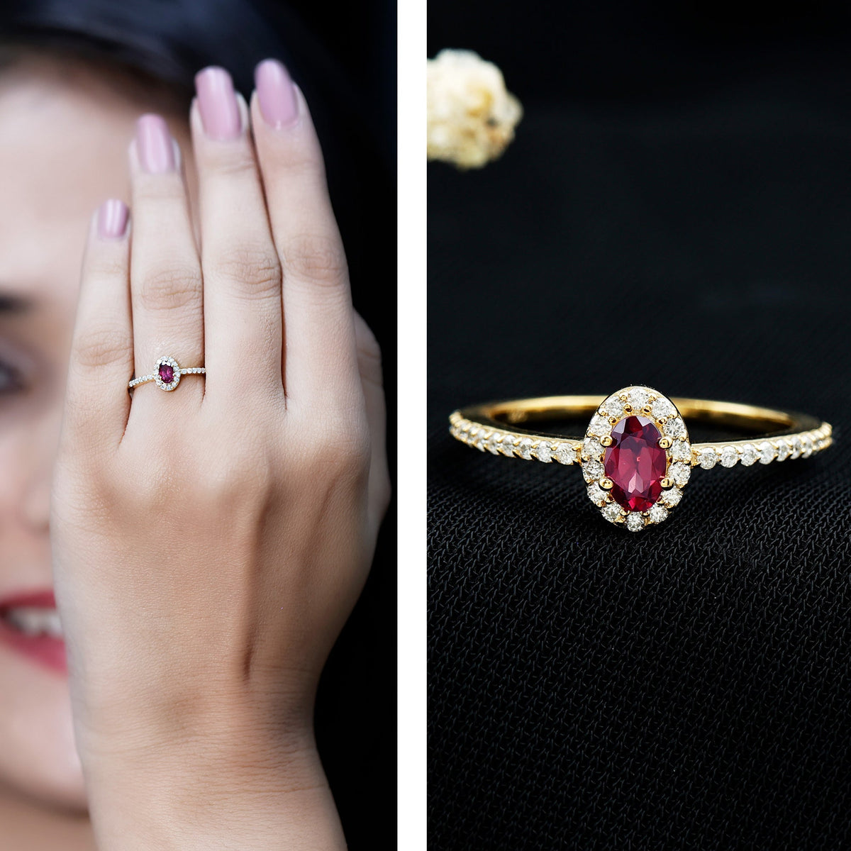 Oval Rhodolite Garnet and Diamond Promise Ring for Her