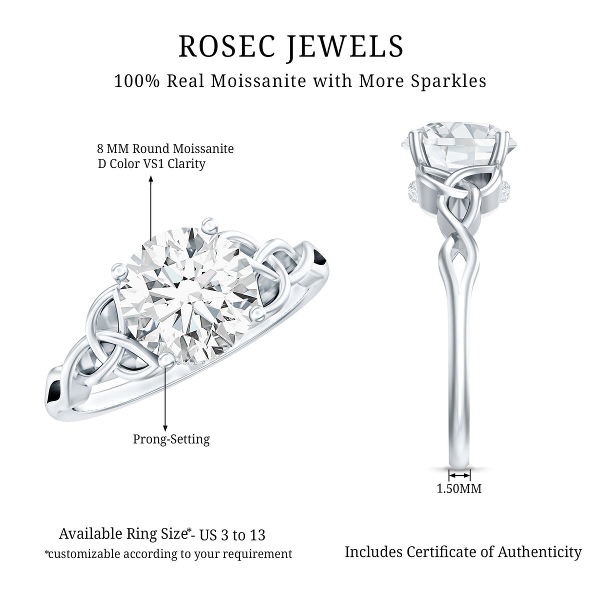 Round Moissanite Solitaire Engagement Ring with Celtic Details