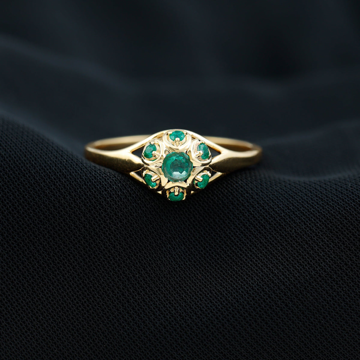 Vintage Inspired Emerald Flower Engagement Ring
