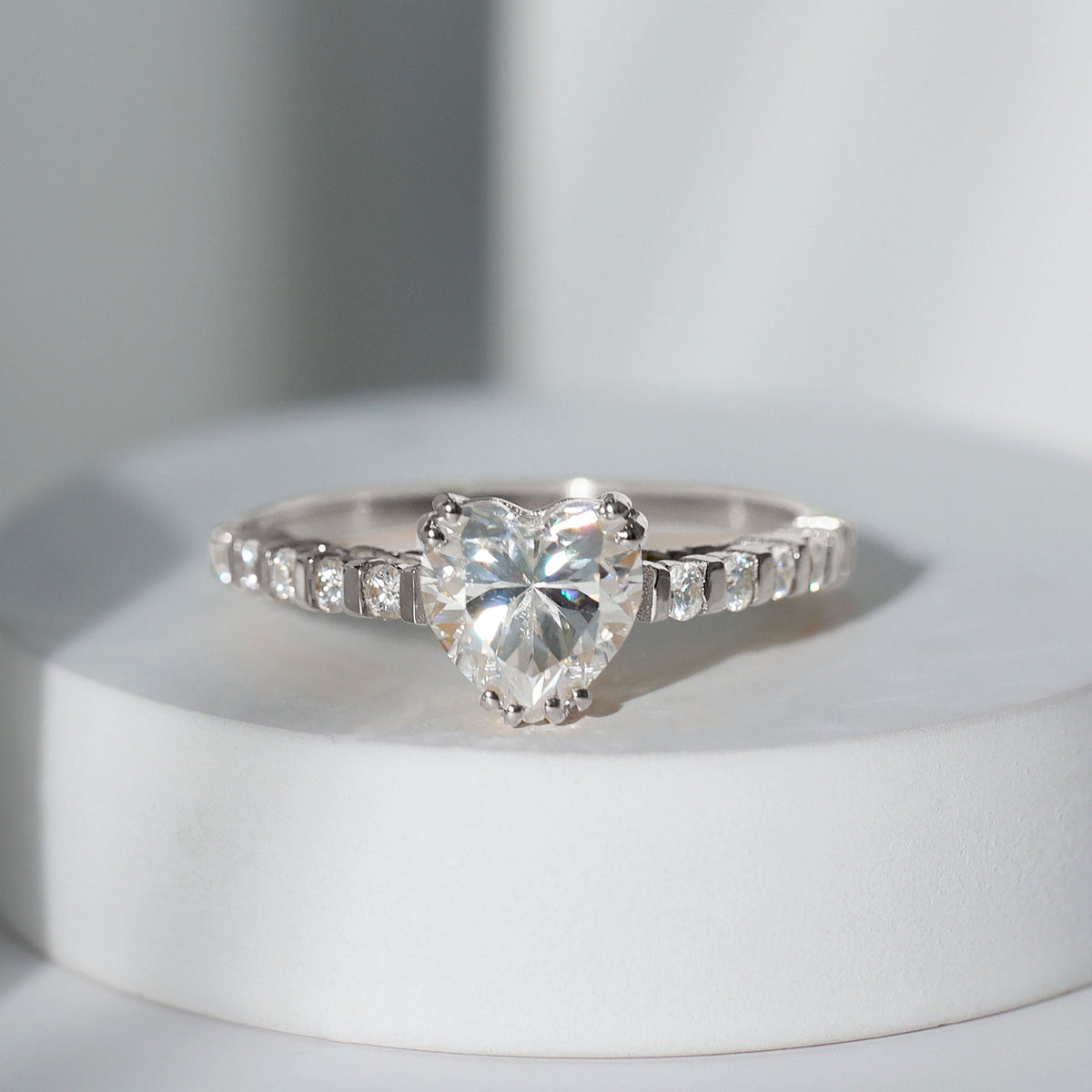 Certified 2 Carat Moissanite Heart Engagement Ring with Side Stones