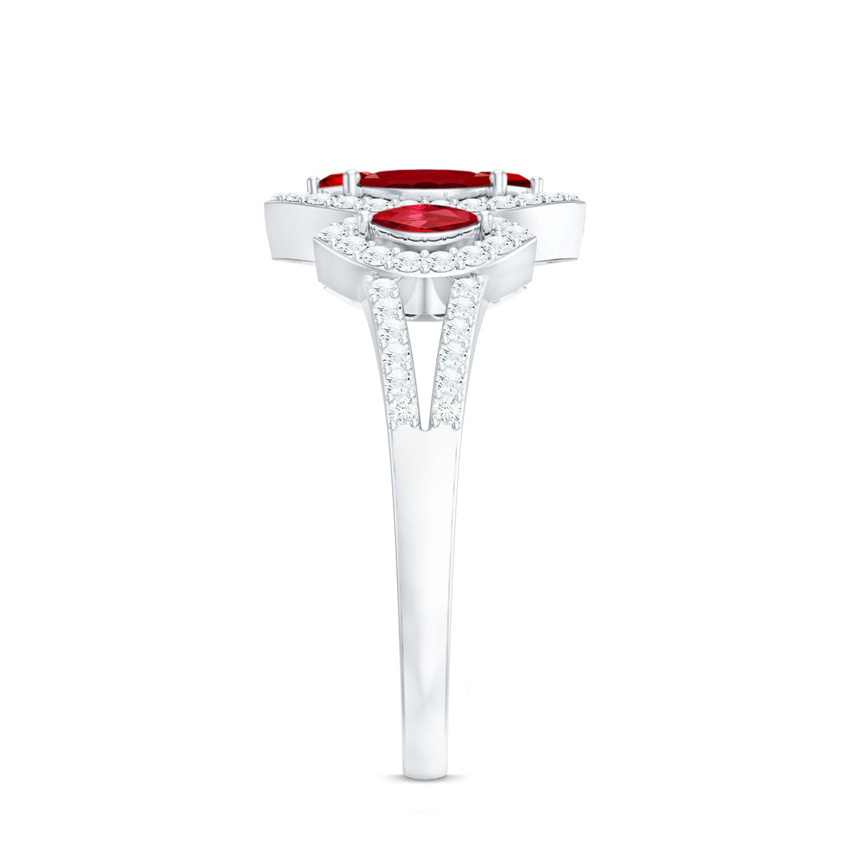 Certified Lab Created Ruby and Diamond Cluster Engagement Ring in Split Shank