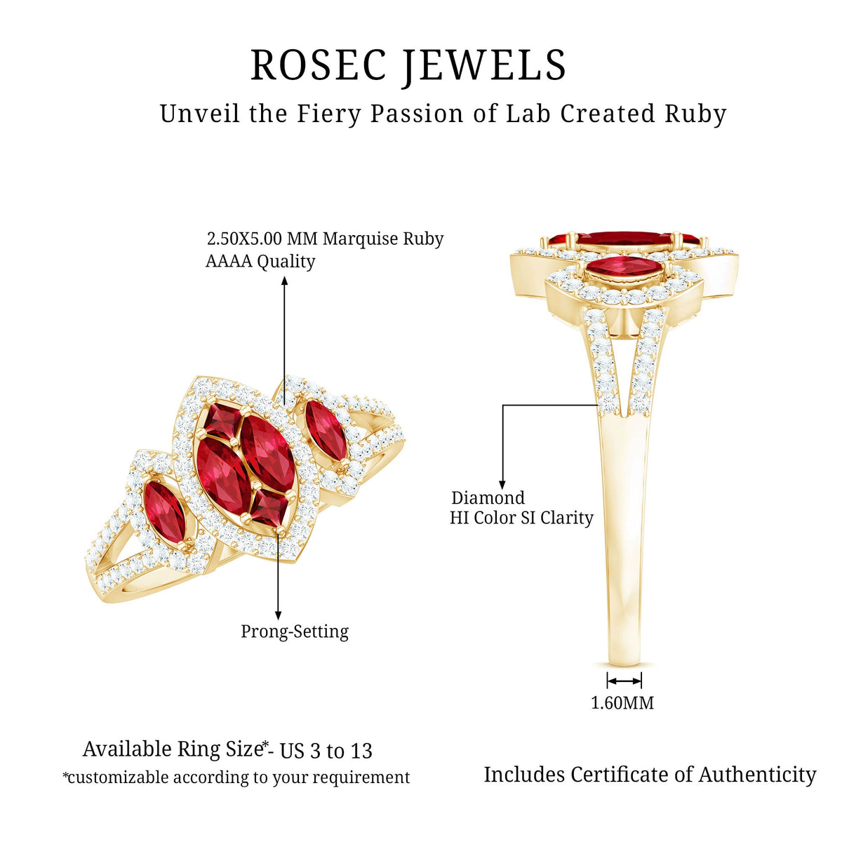 Certified Lab Created Ruby and Diamond Cluster Engagement Ring in Split Shank