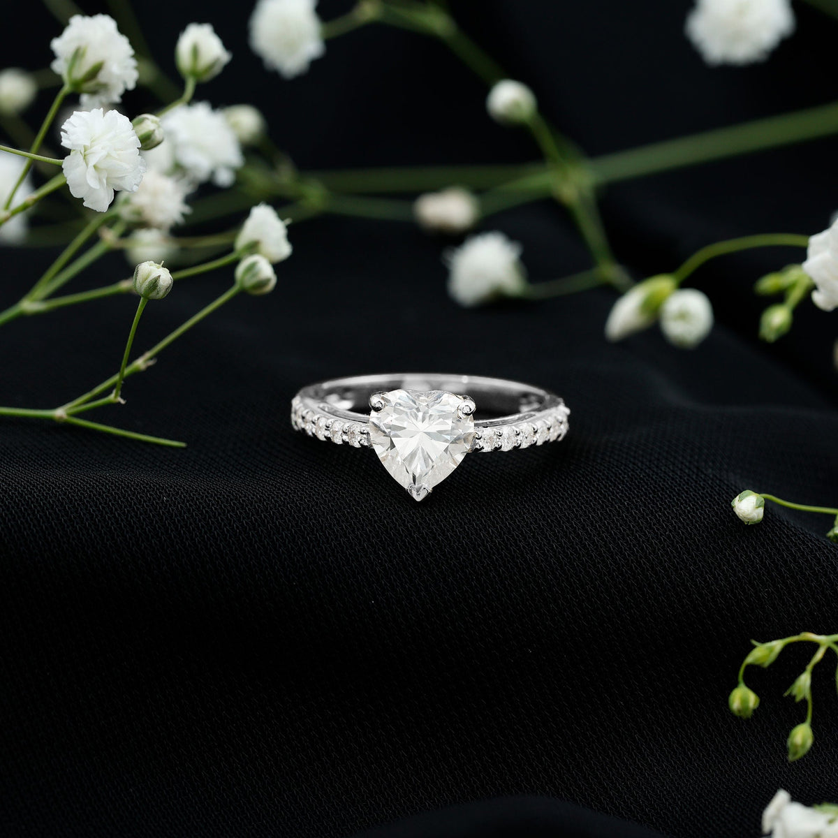 2 CT Moissanite Heart Engagement Ring With Side Stones