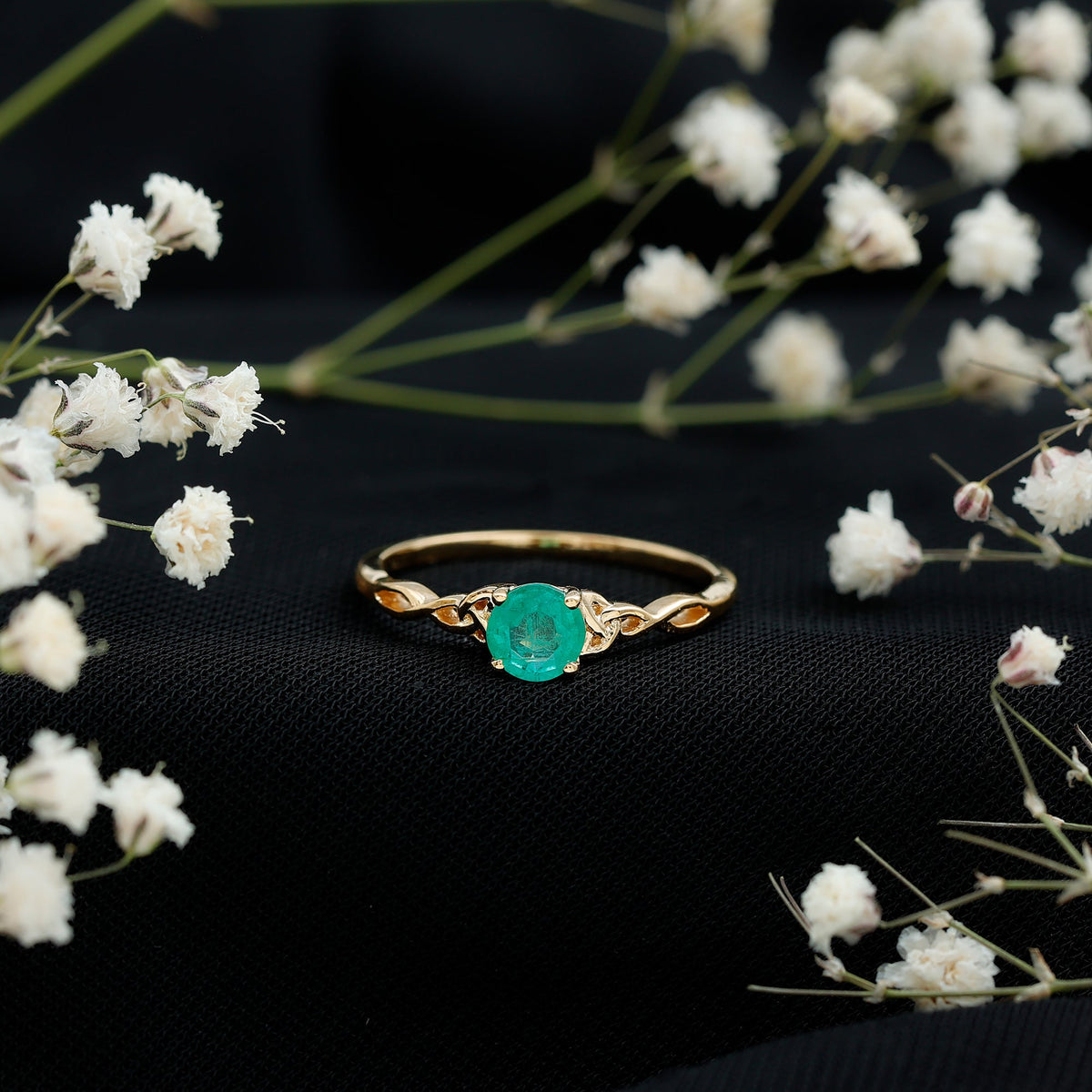 Solitaire Round Emerald Promise Ring with Celtic Band