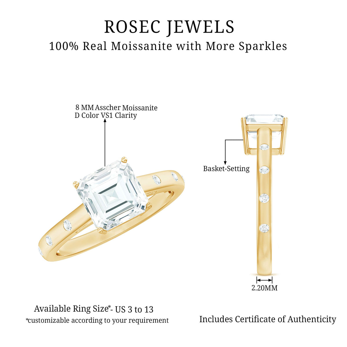 Asscher Cut Moissanite Solitaire Engagement Ring with Certificate
