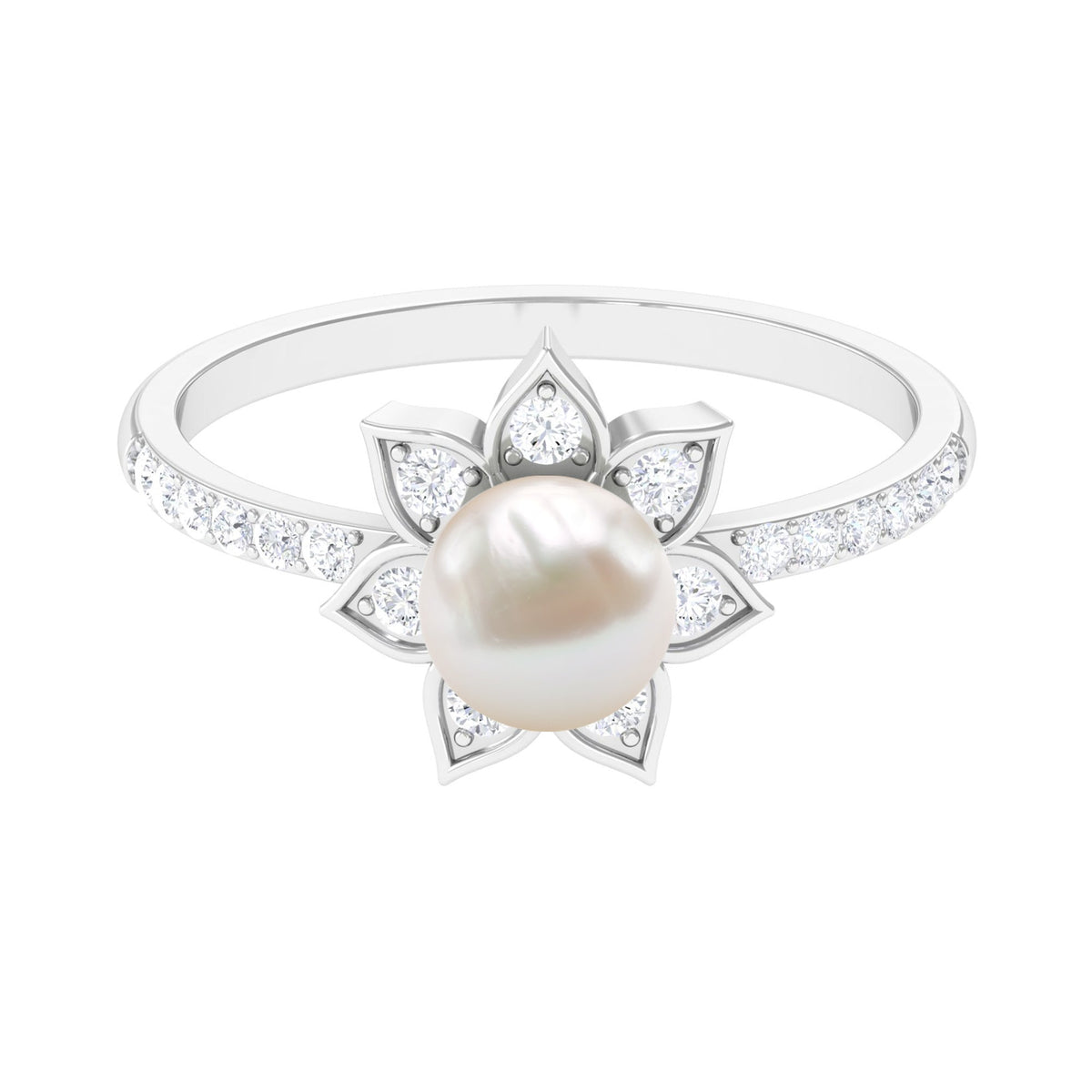Freshwater Pearl Solitaire Floral Engagement Ring with Diamond