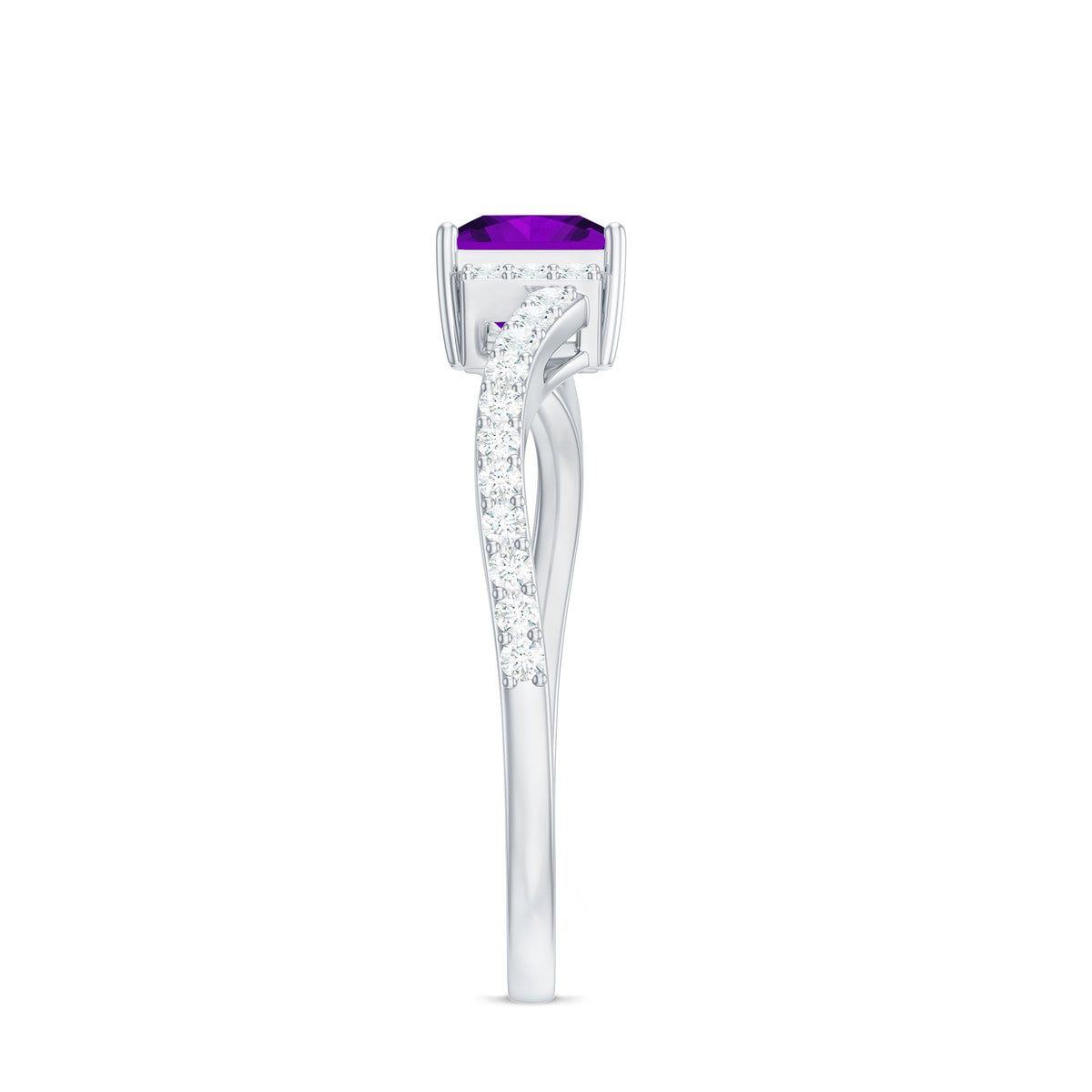Real 1.2 Carat Amethyst Princess Cut Engagement Ring with Diamond Bypass Shank