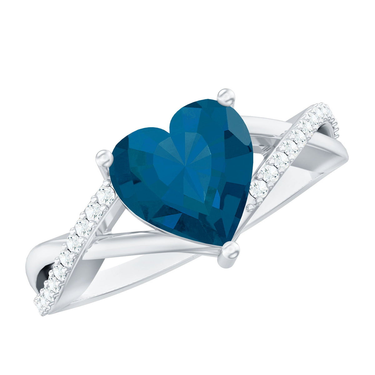 London Blue Topaz and Diamond Heart Engagement Ring in Crossover Band