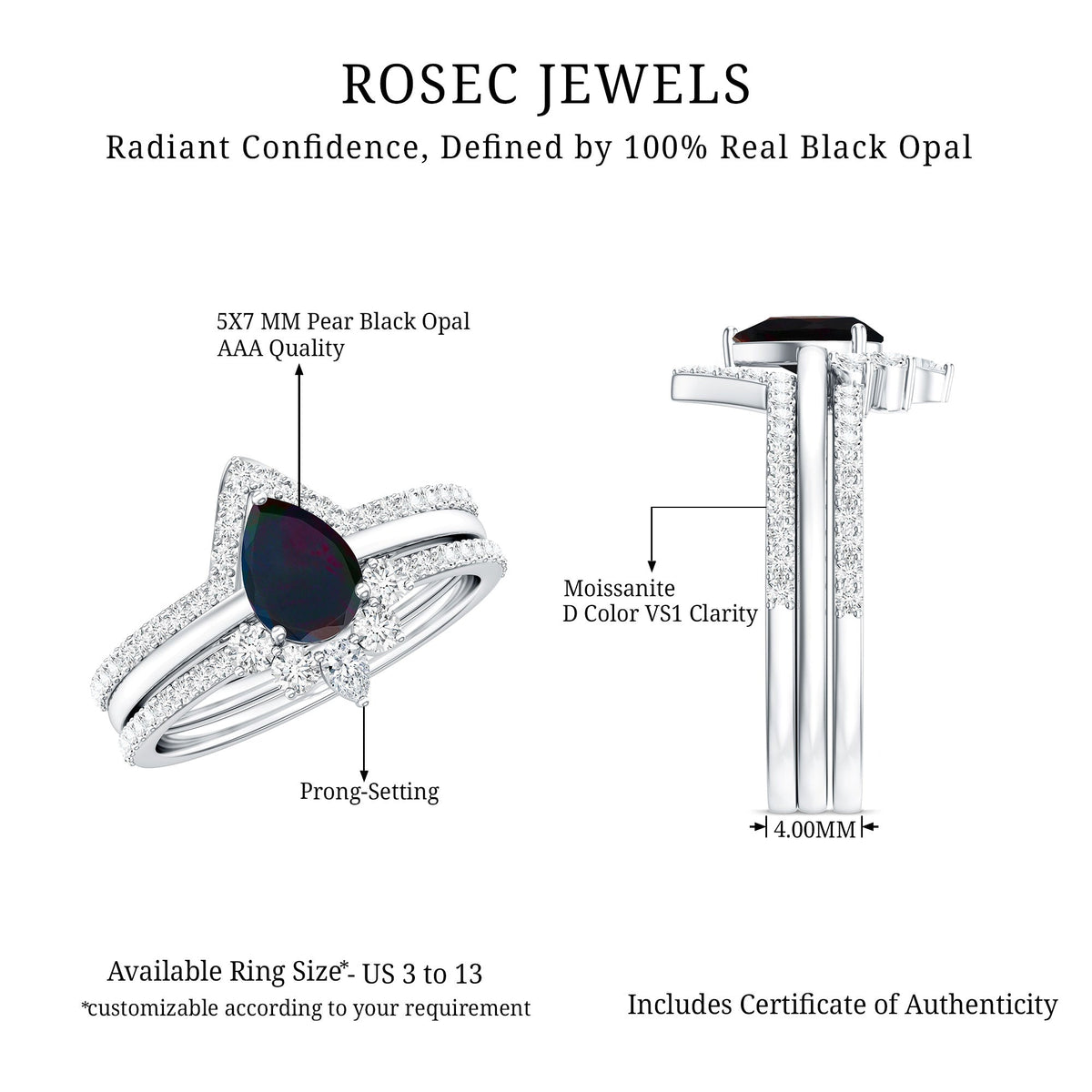 Natural Black Opal Bridal Ring Set With Moissanite