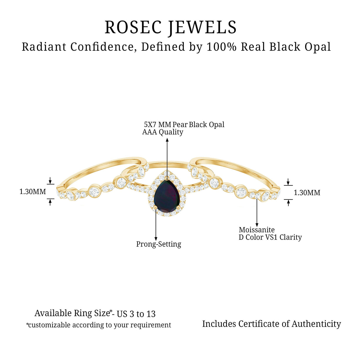 0.7 Carat Pear Cut Black Opal Trio Wedding Ring Set with Moissanite