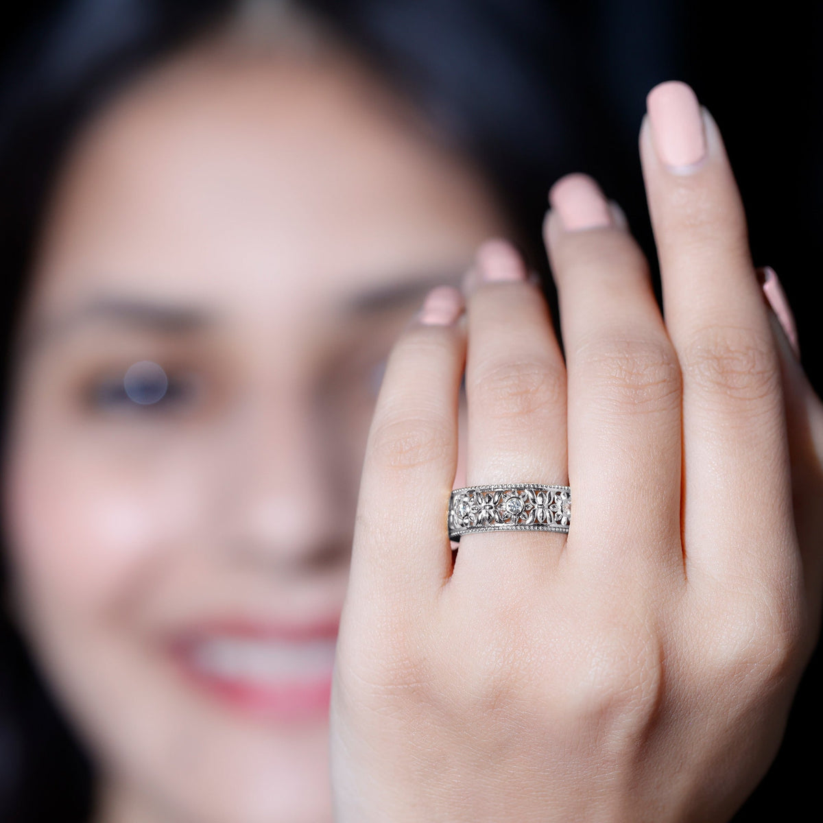 Floral Inspired Lab Grown Diamond Filigree Wedding Band