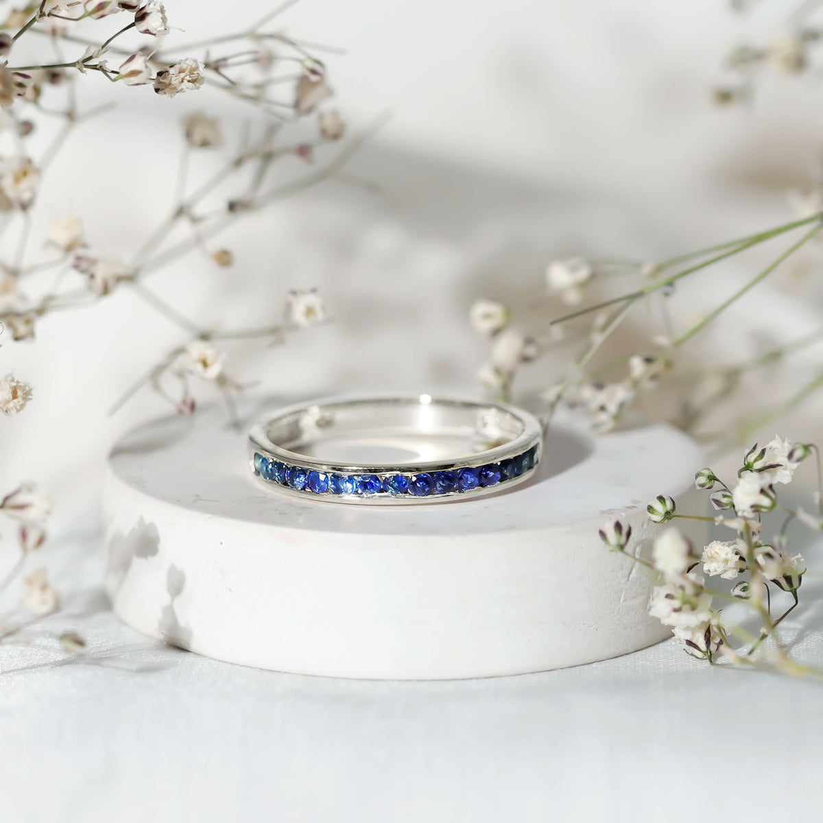 Natural Blue Sapphire Half Eternity Stackable Ring for Women